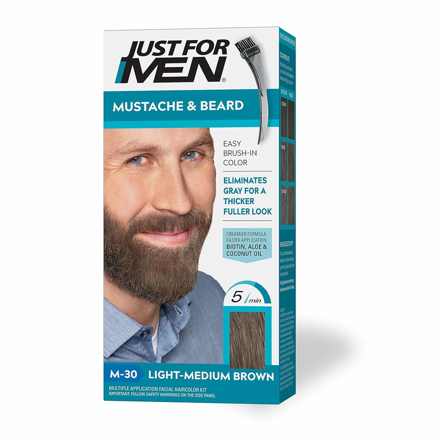 Just For Men Mustache & Beard, Beard Dye for Men with Brush Included for Easy Application & Easy Comb-In Color Mens Hair Dye, Light-Medium Brown M-30