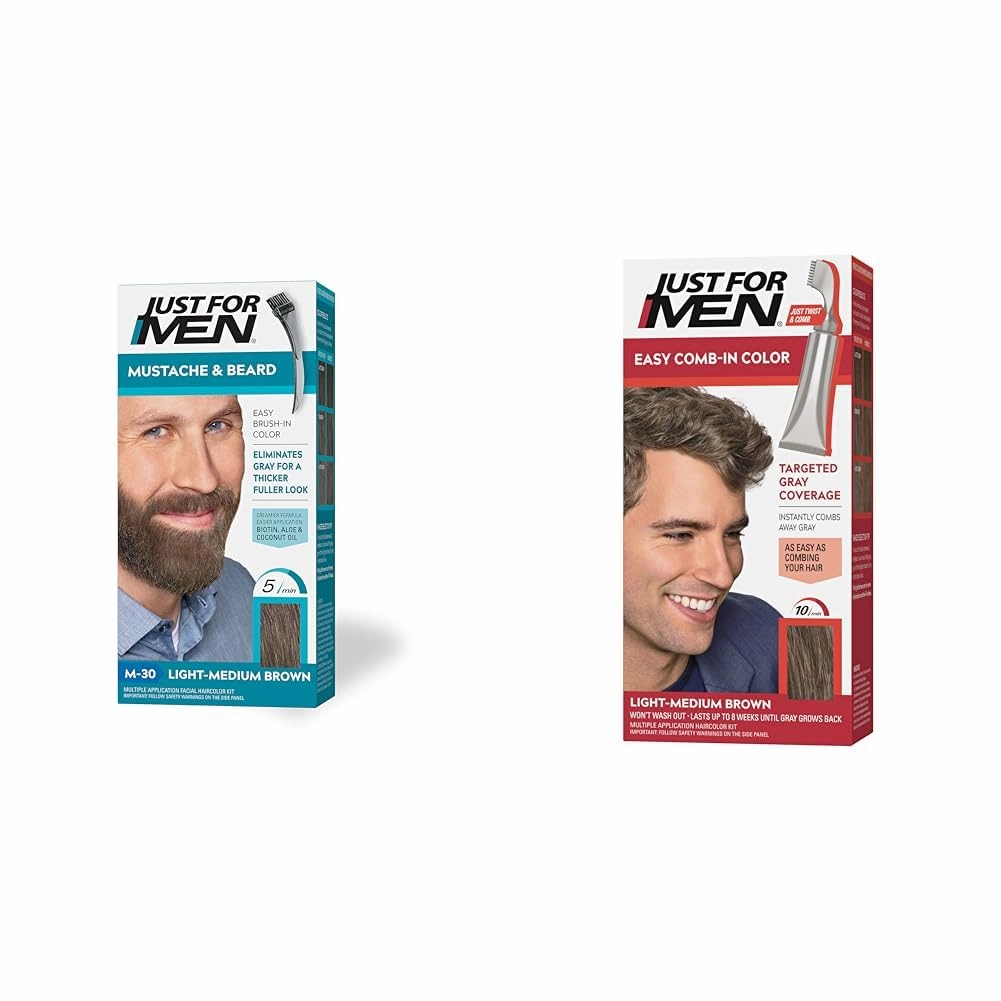 Just For Men Mustache & Beard, Beard Dye for Men with Brush Included for Easy Application & Easy Comb-In Color Mens Hair Dye, Light-Medium Brown M-30