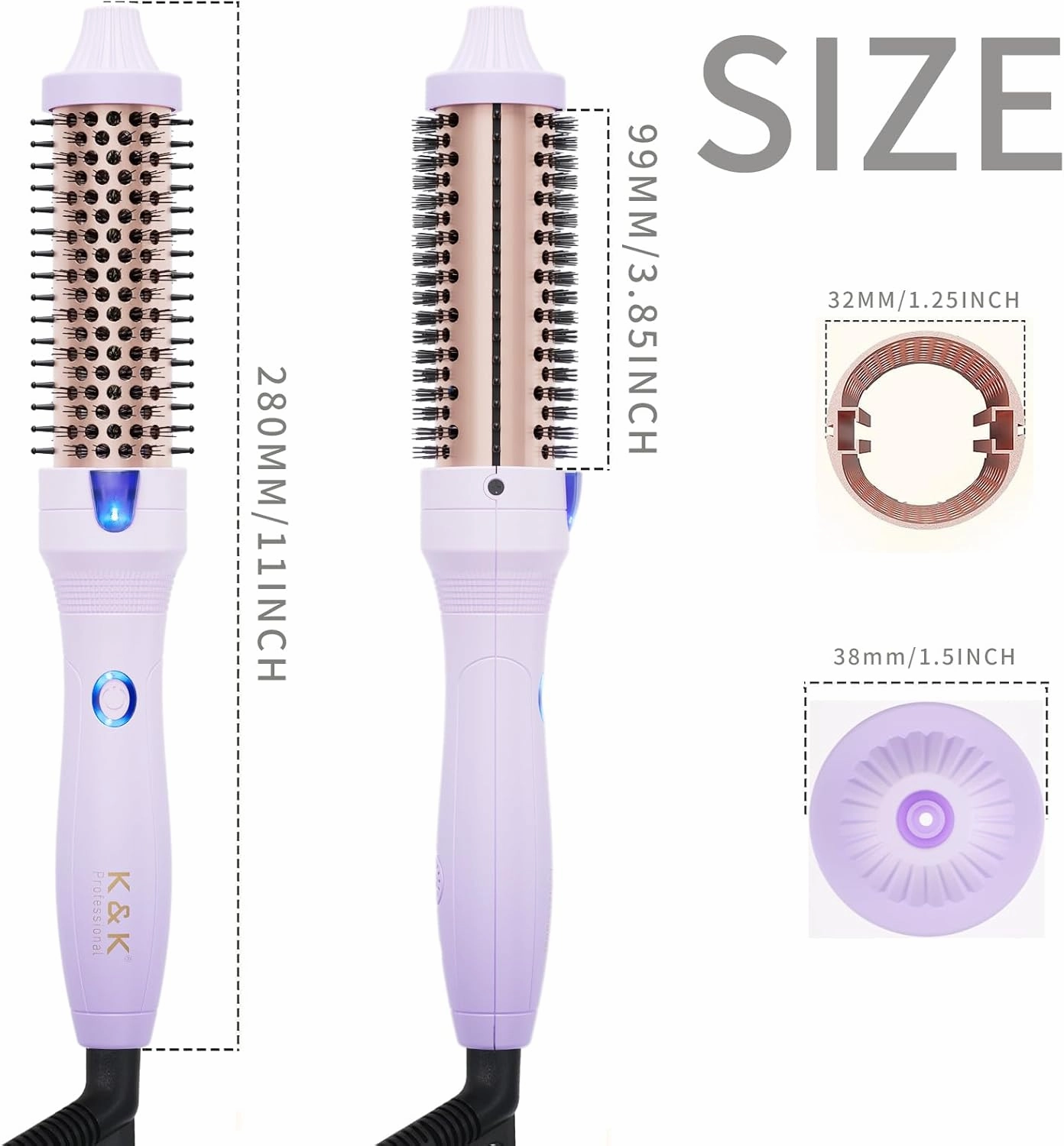 K&K 1.25 Inch Ceramic Tourmaline Ionic Heated Round Brush Curling Brush Creates Blowout Look -Creates Root Volume & Loose Curls Volume Curls Dual Voltage Hair Styling Tool (Purple, 1.25 Inch)