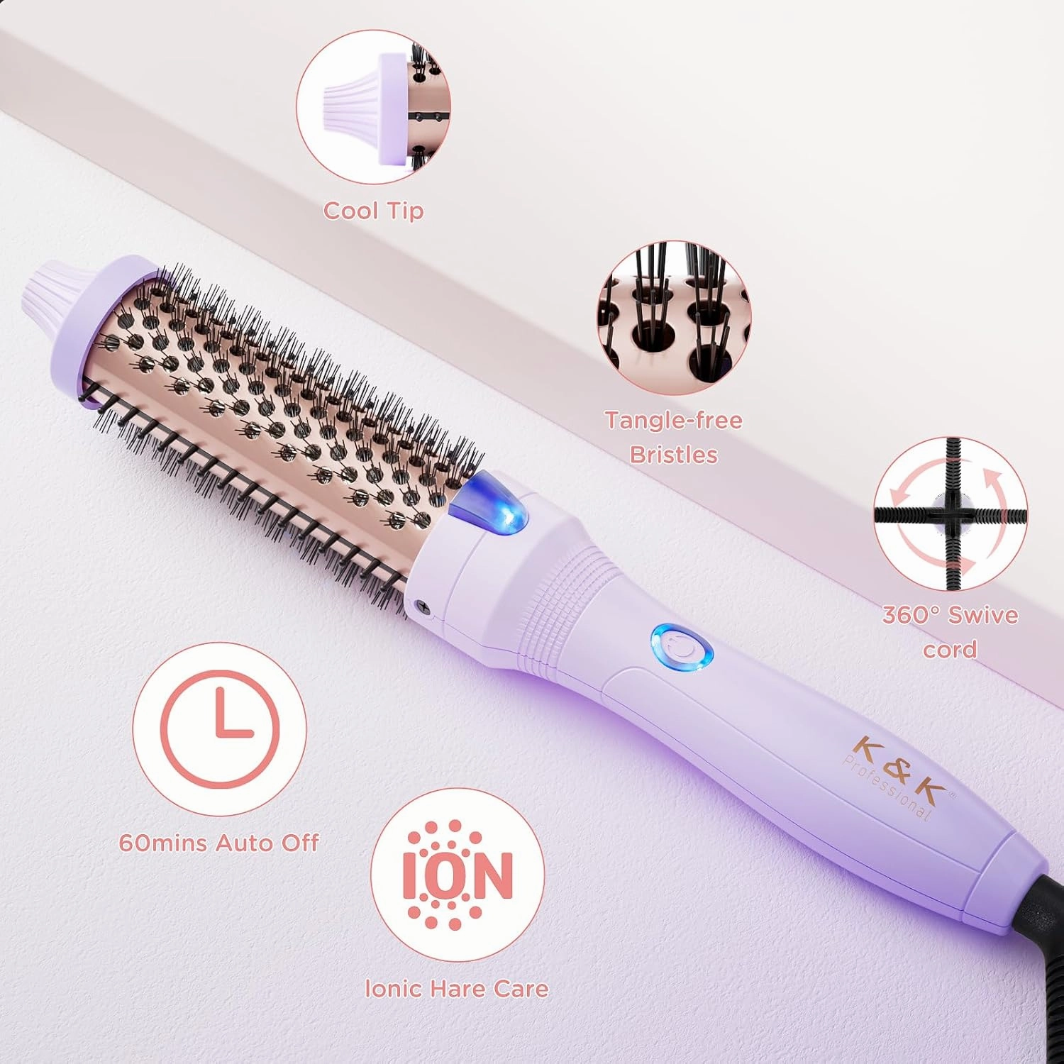 K&K 1.25 Inch Ceramic Tourmaline Ionic Heated Round Brush Curling Brush Creates Blowout Look -Creates Root Volume & Loose Curls Volume Curls Dual Voltage Hair Styling Tool (Purple, 1.25 Inch)