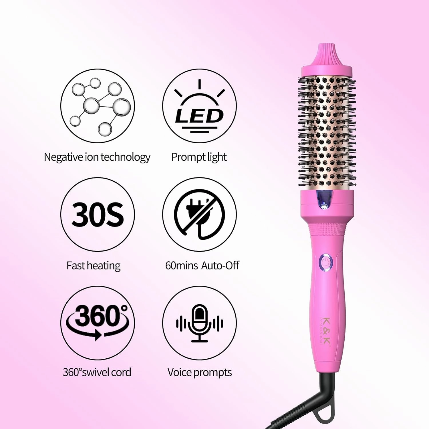 K&K 1.5 Inch Ceramic Tourmaline Ionic Curling Iron (Rose Red, 1.5 Inch) - Thermal Brush Heated Curling Brush, Dual Voltage, Volumizer, NON-DAMAGING 350 DEGREE HEAT