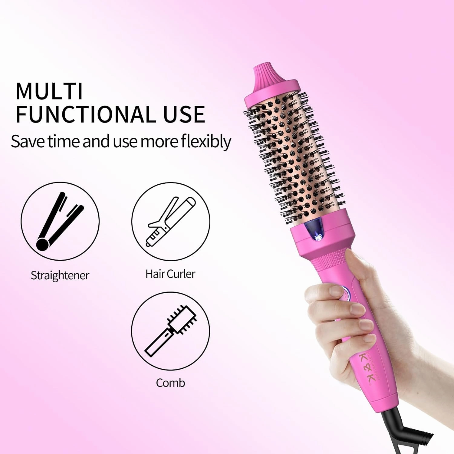 K&K 1.5 Inch Ceramic Tourmaline Ionic Curling Iron (Rose Red, 1.5 Inch) - Thermal Brush Heated Curling Brush, Dual Voltage, Volumizer, NON-DAMAGING 350 DEGREE HEAT