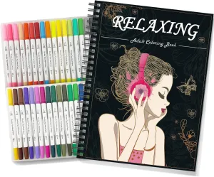 Kalysky Adults Coloring Books for Women Set - Relaxation Coloring Book and 36 Color Coloring Markers for Adults, Spiral Binding,Women's Freedom and Stress Relief