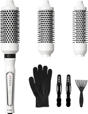 K&K 3 in 1 Thermal Brush Set, Ceramic Hot Brush, Fast Heating Curling Wand for Short, Medium & Long Hair, 5 Temperature Adjustment, Dual Voltage
