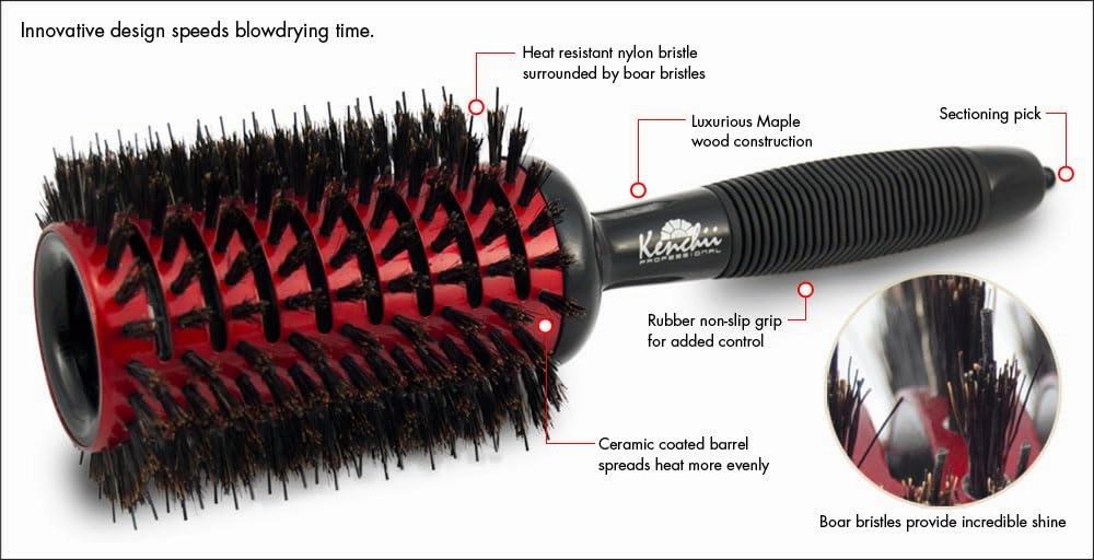 Kenchii Vented Ceramic Brush with Nylon and Boar Bristle Round Brush - Maple Wood Handle with Rubber Grip - Boar and Anti-Static Ionic Nylon Bristles Hair Brush (X-Large)
