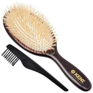 Kent CSGM 7.75" Classic Shine Medium Oval Cushion Straightening Brush and Hair Detangler - Soft White Boar Bristle Hair Brush - Shine Hair Brush and Scalp Scrubber for Mid-Length Fine or Thinning Hair