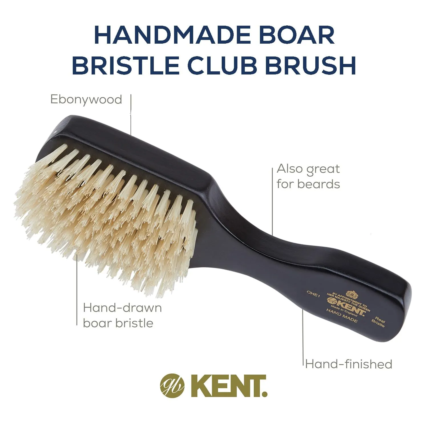 Kent Ebony Wood Hair Brush, 100% Handmade Boar Bristle Club Hair Brush for Mens Grooming, Hair Care and Beard Straightener. Exfoliating Natural Bristle Brush, Made in England