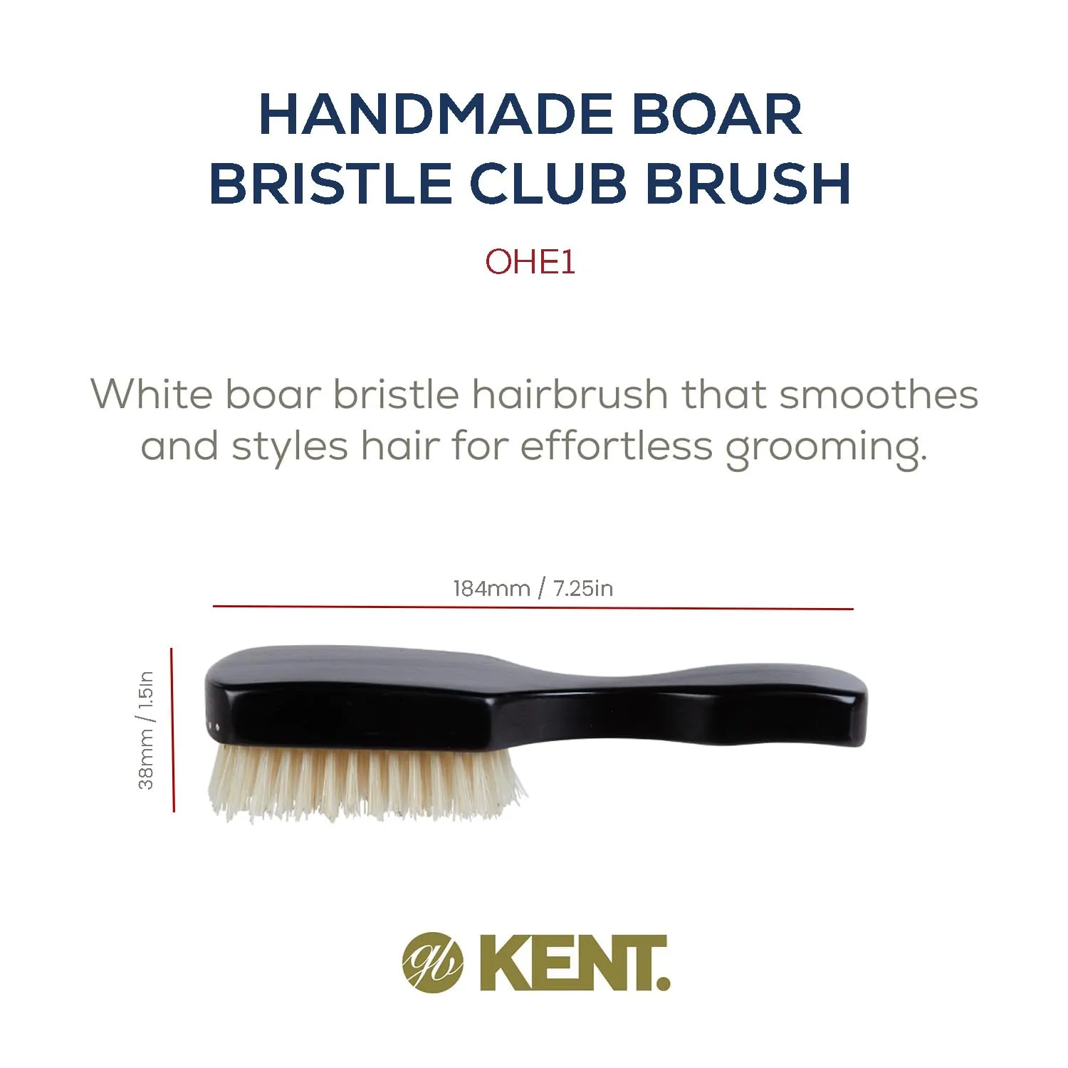 Kent Ebony Wood Hair Brush, 100% Handmade Boar Bristle Club Hair Brush for Mens Grooming, Hair Care and Beard Straightener. Exfoliating Natural Bristle Brush, Made in England