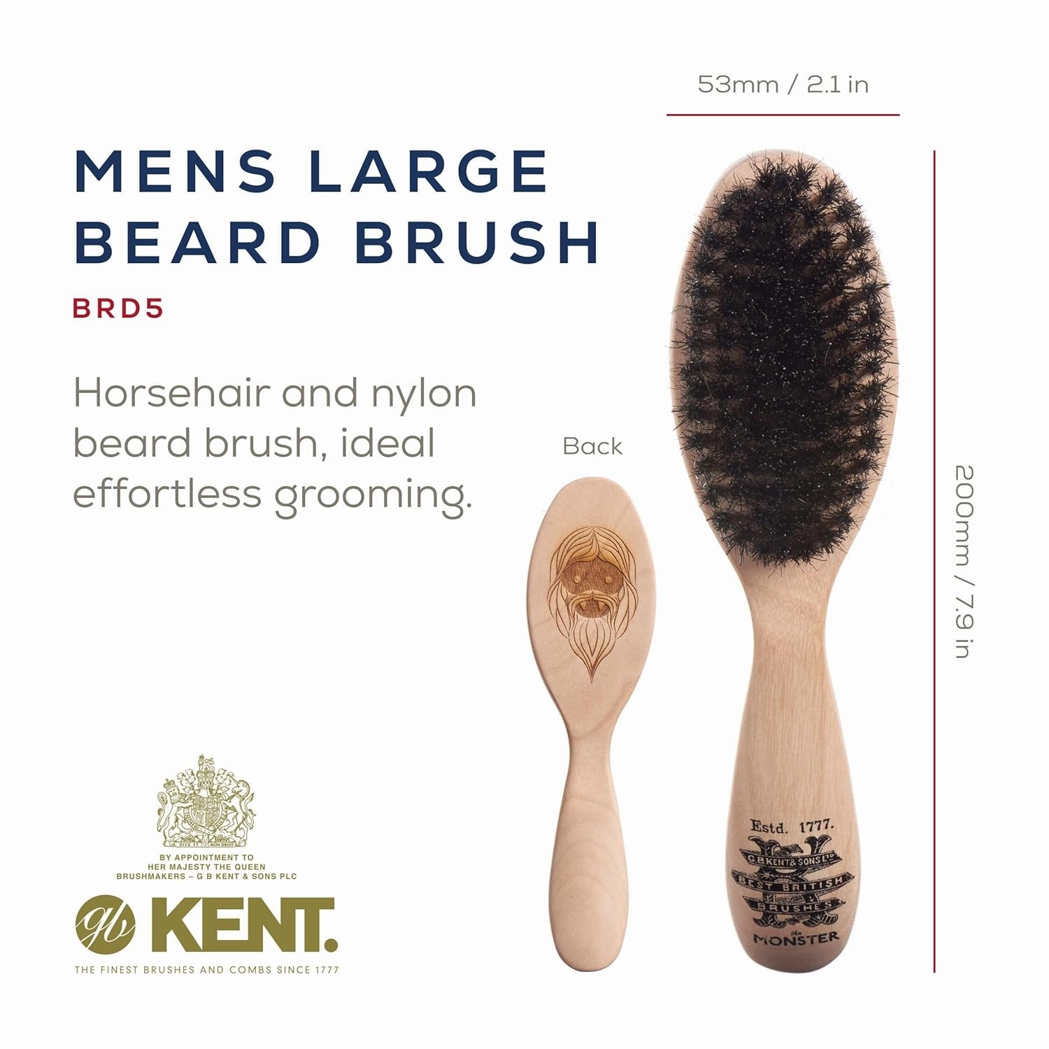 Kent BRD5 Men's Beard and Mustache Brush - Hand-Mixed Horsehair and Nylon Blend for Flawless Shaping and Grooming, Ergonomic Pistol-Like Grip Wood Handle, Dry or Wet Beard, Distributes Oils/Balms