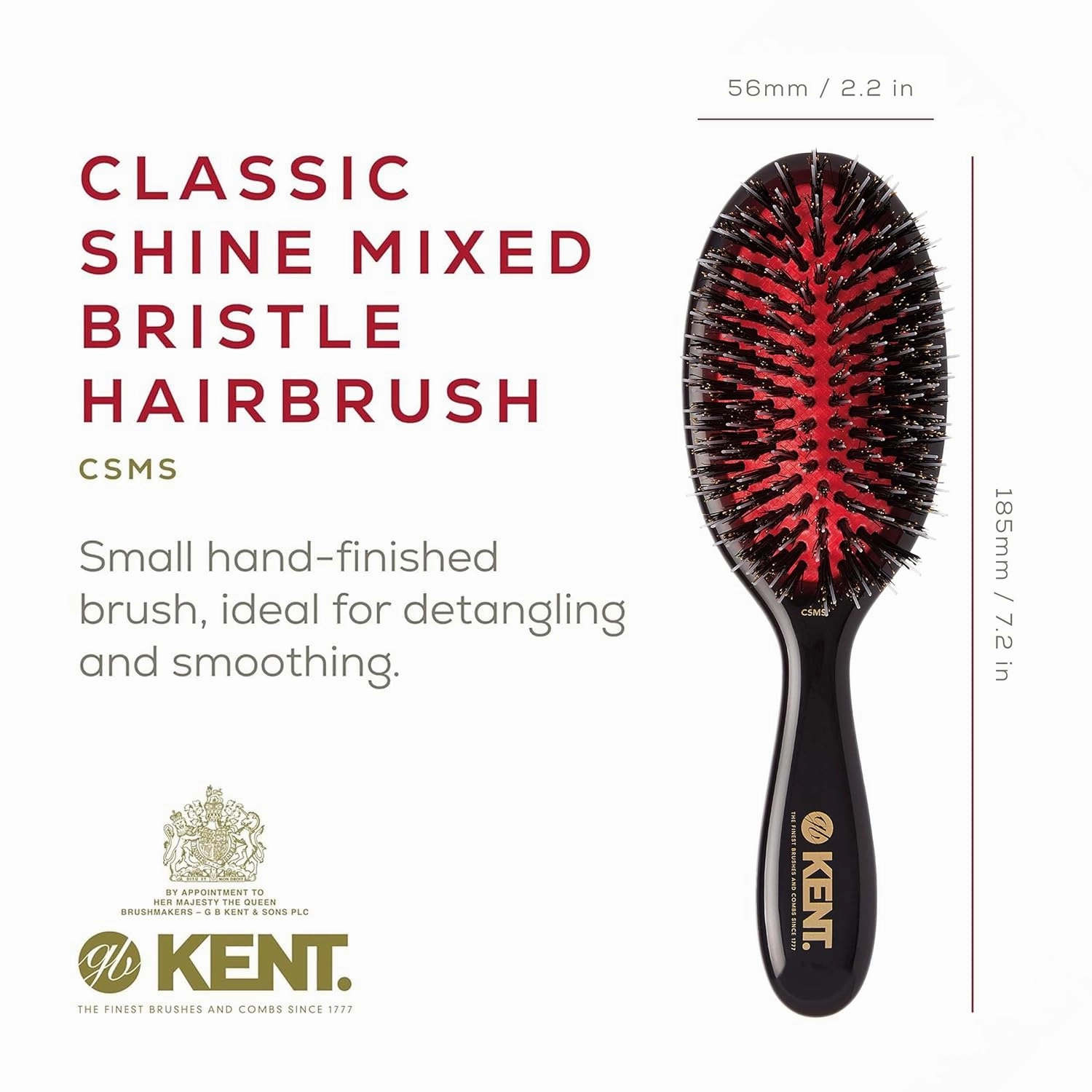 Kent CSMS Classic Shine Small Oval Cushion Straightening Brush - Natural Black Boar Bristle Hair Brush with Nylon Quills - Shine Hair Brush and Scalp Scrubber for Short to Shoulder Length Hair