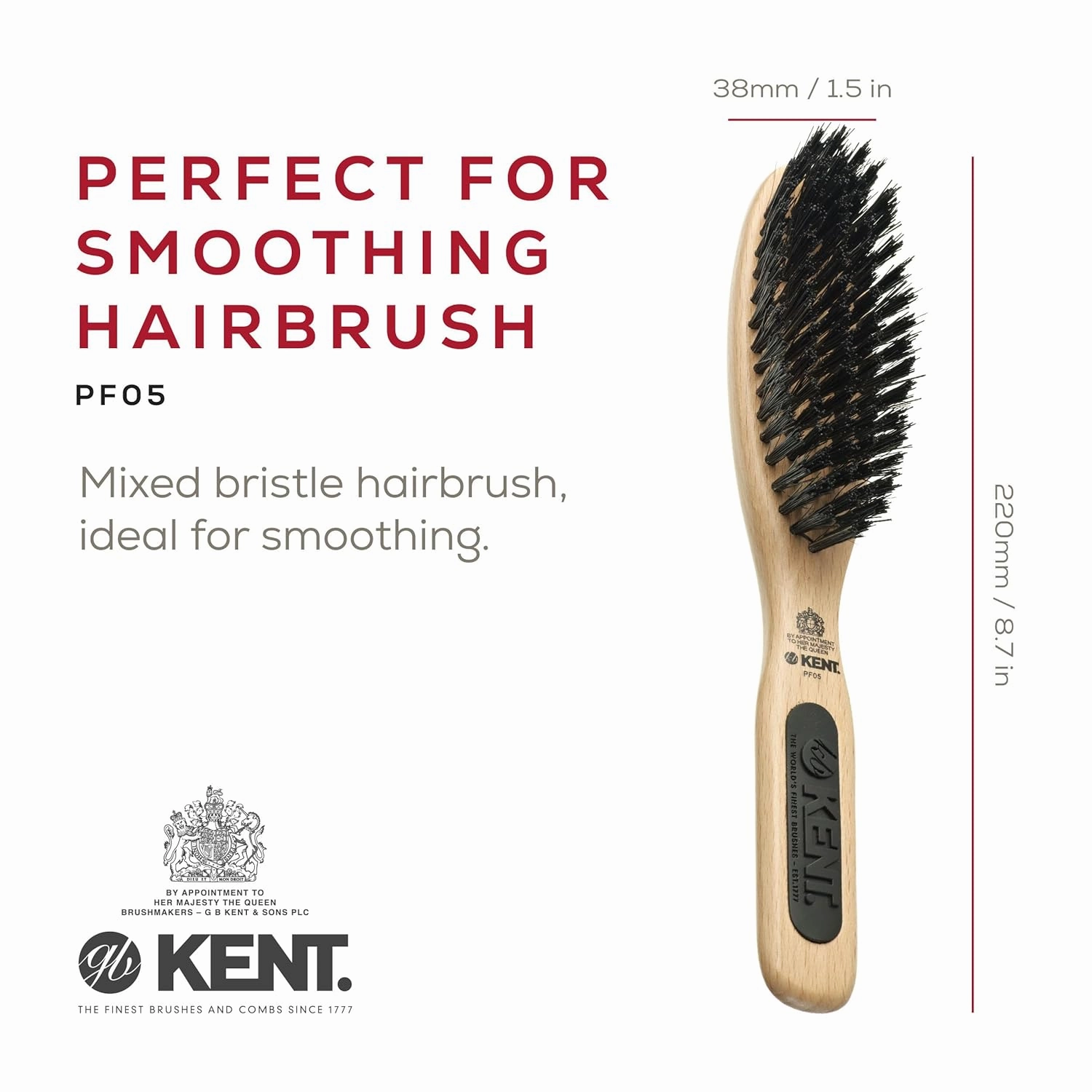 Kent PF05 Narrow Oval Hair Brush, Pure Boar Bristle and Wood for Shaping, Straightening and Grooming Brush for Revitalizing Short to Medium Length