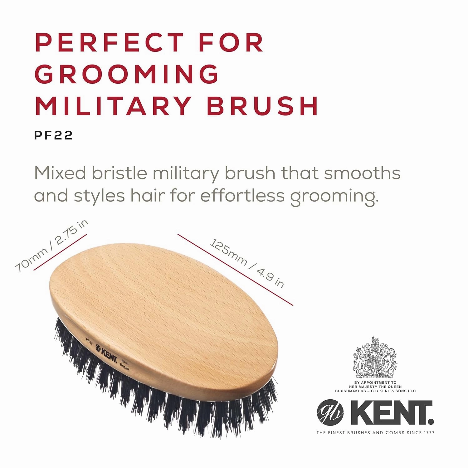 Kent PF22 Oval Black Military Brush - Boar and Nylon Bristle Mix for Men's Grooming, 360 Wave, and Facial Care. Made in England