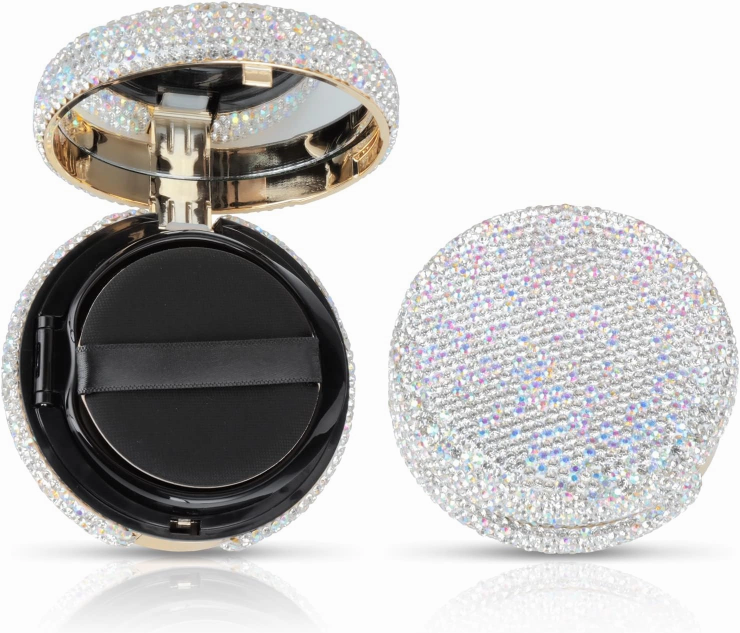 KEYPOWER Makeup Powder Empty Box with Bling Diamond Loose Powder Compact Empty Container with Powder Puff and Mirror Refillable for Home or Trip (White)