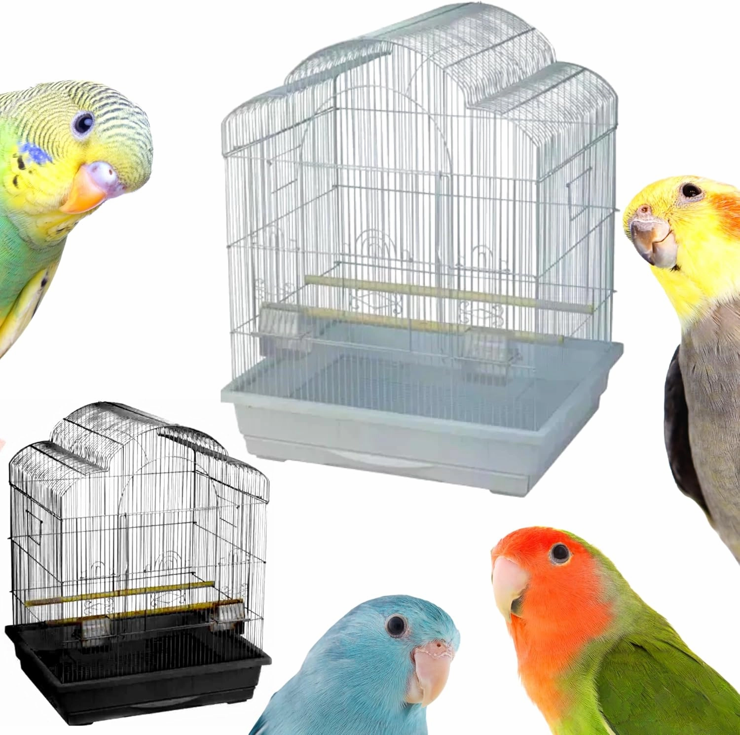 Kings Cages Model ES 2521 T Triple Top Bird Cage 25" x 21" x 30" Powder-Coated Non-Toxic Spacious Cage for Cockatiels Finches Parakeets Canaries and Similar Breeds (White)