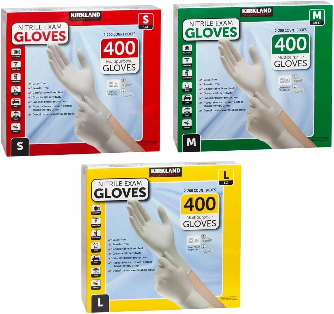 Kirkland Signature Nitrile Exam Gloves Multi-Purpose Latex-Free, White 400 Count, Small, Medium, Large