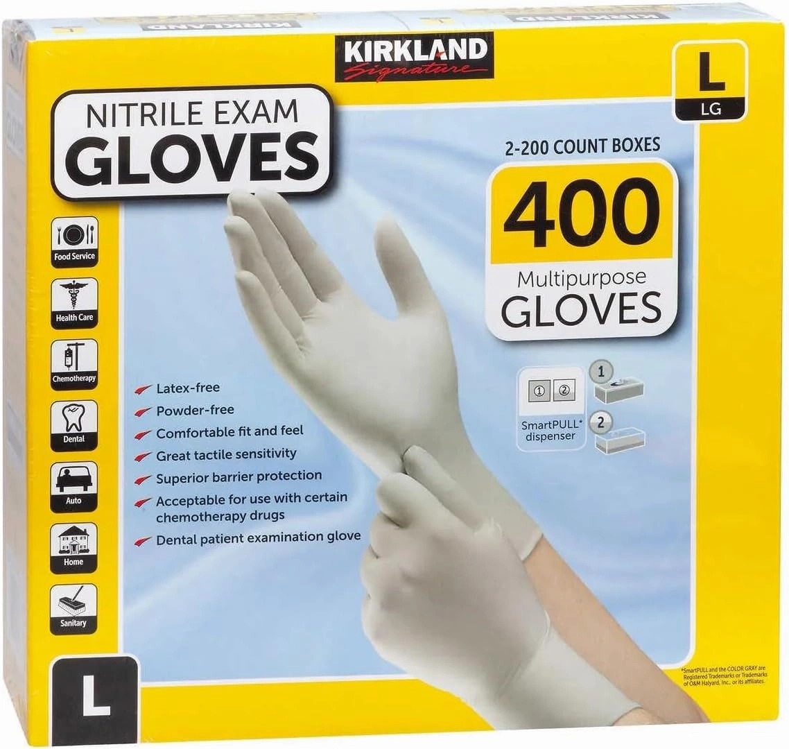 Kirkland Signature Nitrile Exam Gloves Multi-Purpose Latex-Free, White 400 Count, Small, Medium, Large