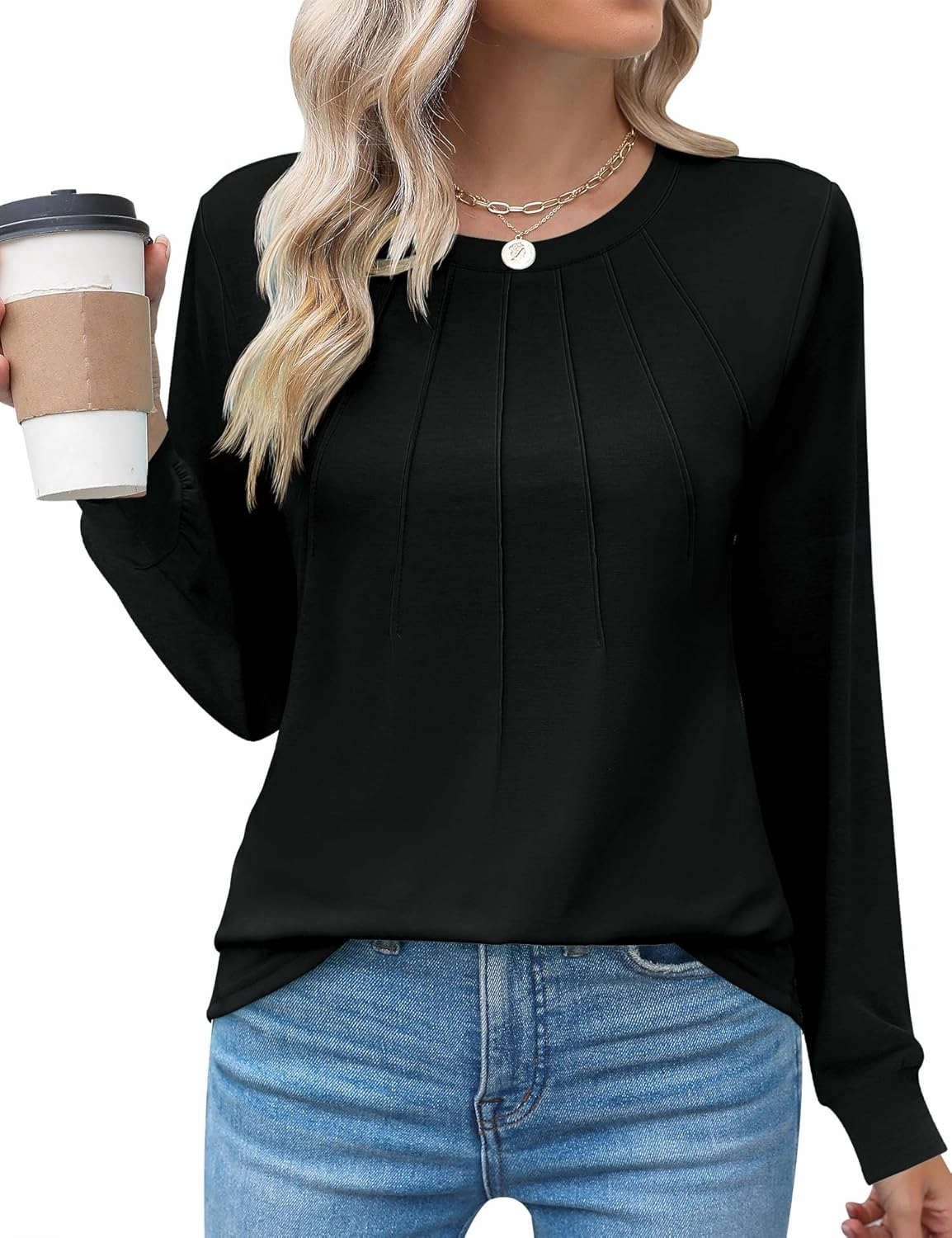 Kistore Womens Long Sleeve Tops Crew Neck Pleated Casual Dressy Blouses T Shirts Fall Clothes 2025