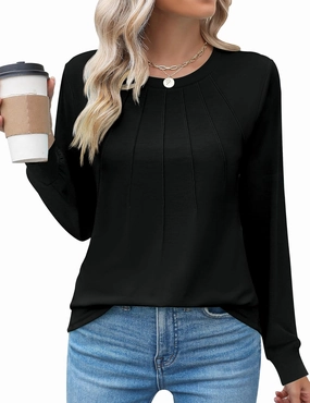 Kistore Womens Long Sleeve Tops Crew Neck Pleated Casual Dressy Blouses T Shirts Fall Clothes 2025