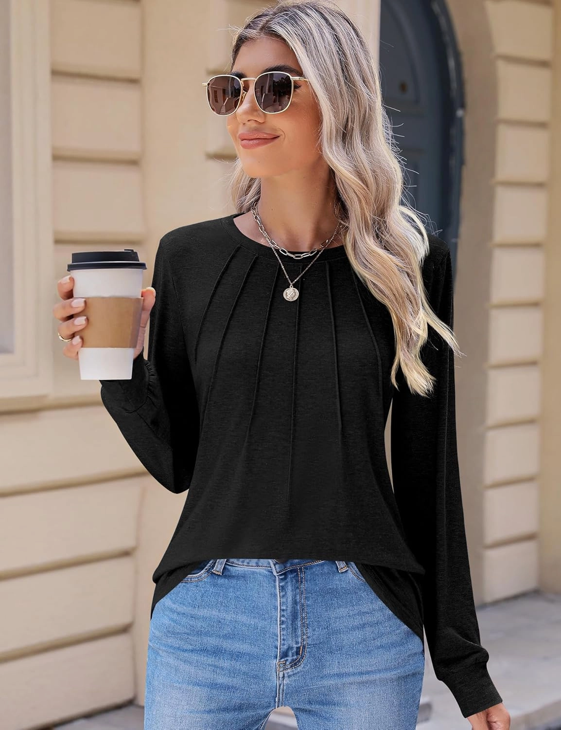 Kistore Womens Long Sleeve Tops Crew Neck Pleated Casual Dressy Blouses T Shirts Fall Clothes 2025