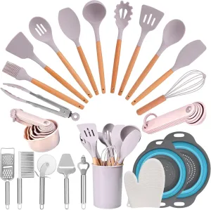 Kitchen Utensils Set - 31 PCs Silicone Cooking Utensils, Non-Stick 446℉ Heat Resistant Wooden Handles Spoon Spatula Set with Kitchen Gloves, Cooking Gadgets Tools for Cookware by Cookass