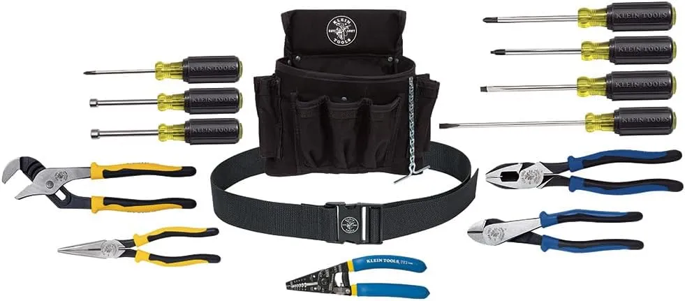 Klein Tools 92914 Tool Kit, Tool Set Includes Basic Tools, Pouch and Belt for Journeyman, Linesman, Professionals and Homeowners, 14-Piece