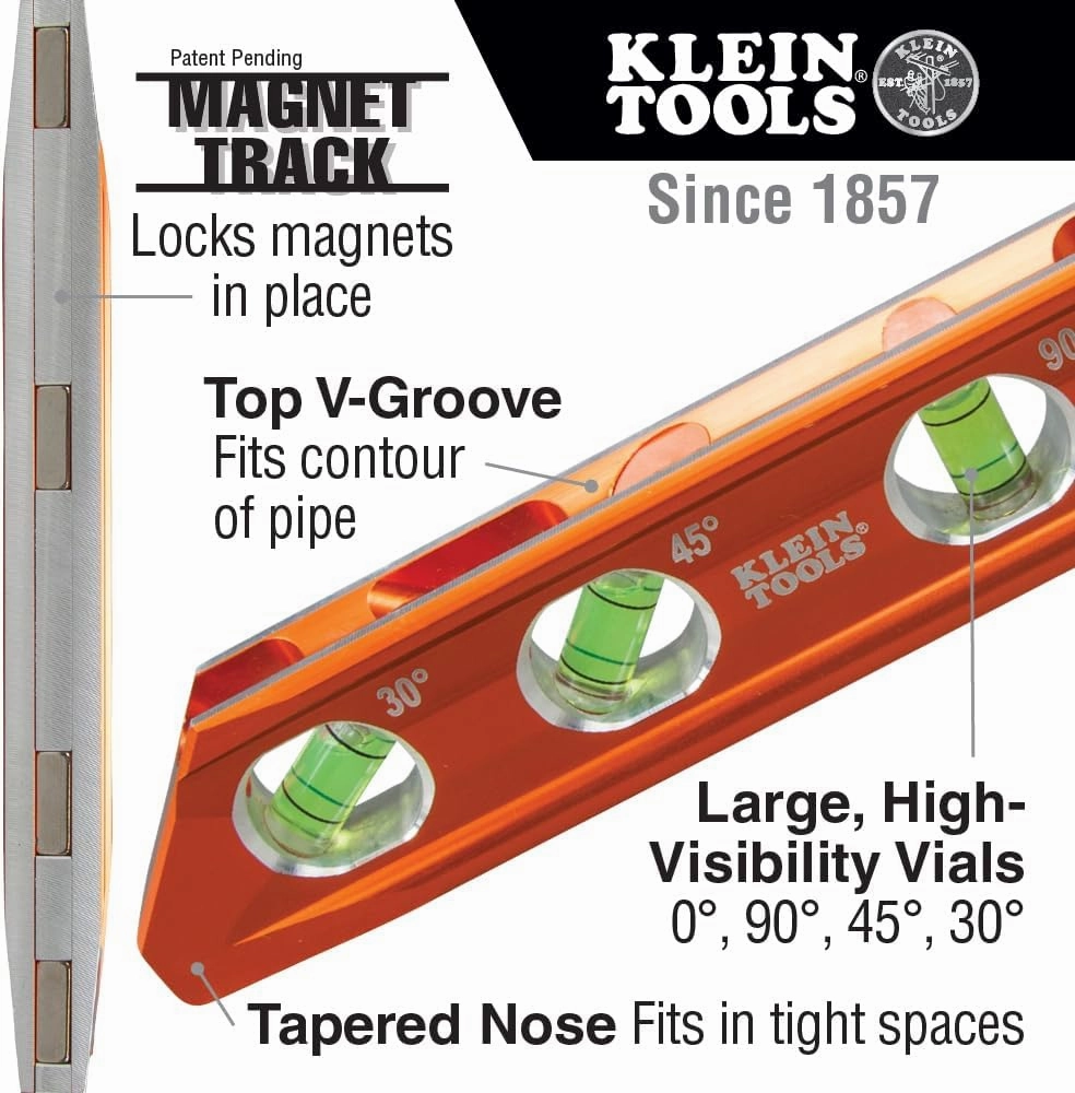 Klein Tools 935RB Torpedo Level, 8-Inch Billet Magnetic Level, 0/30/45/90 Degree Vials, V-Groove, Tapered Nose, High-Visibility Vial and Body