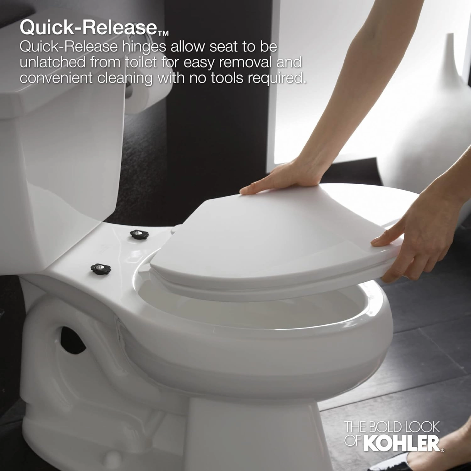 KOHLER K-4636-0 Cachet Elongated, Grip-Tight Bumpers, Quiet-Close Release Hinges, Quick-Attach Hardware, No Slam Toilet Seat, White