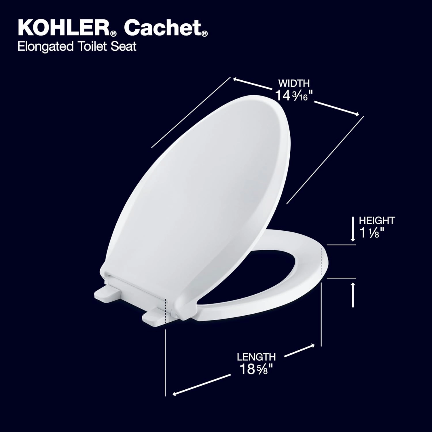 KOHLER K-4636-0 Cachet Elongated, Grip-Tight Bumpers, Quiet-Close Release Hinges, Quick-Attach Hardware, No Slam Toilet Seat, White