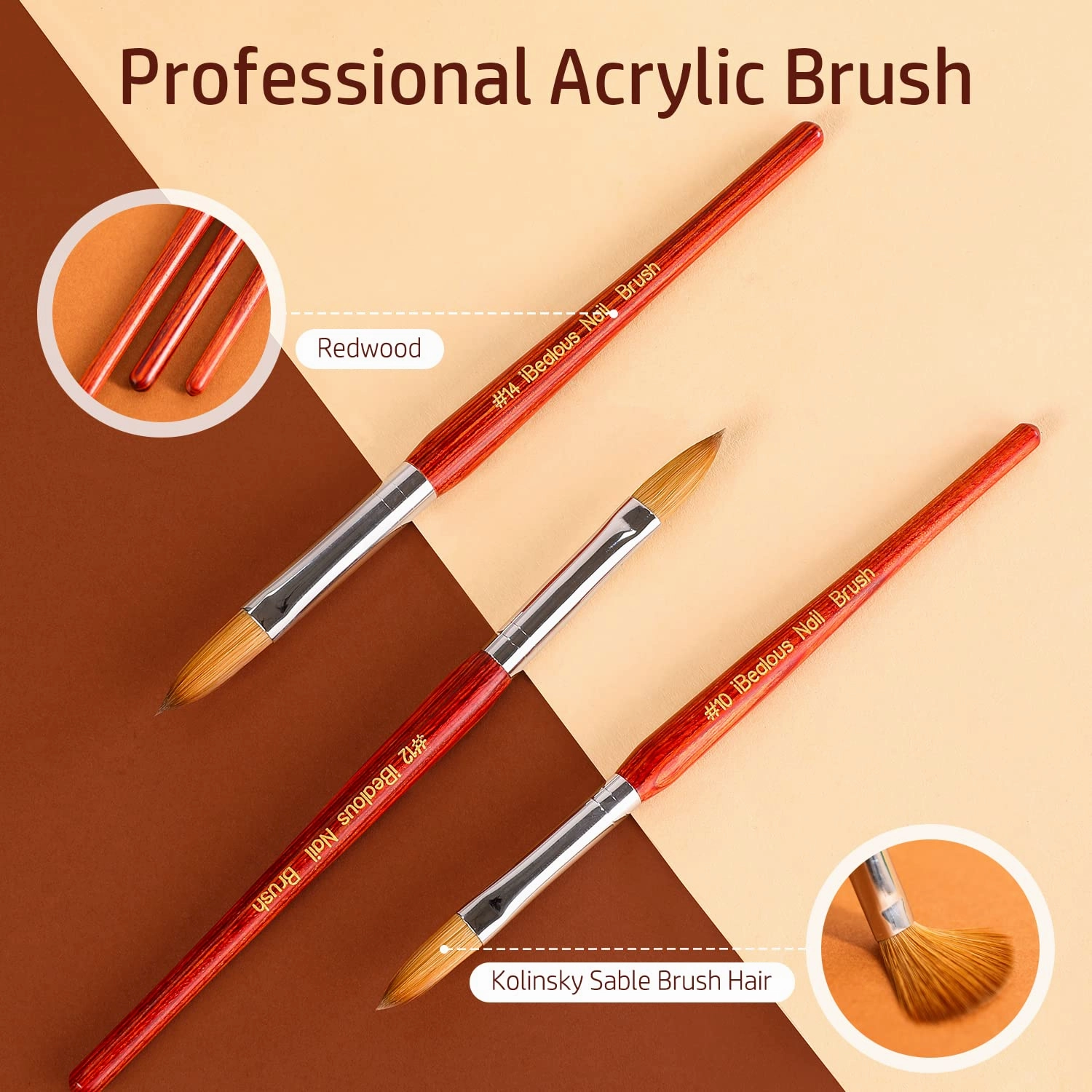 Kolinsky Acrylic Nail Brush - Professional Red Wood Sable, Oval Shaped for Nail Extension, Carved 3D, Home Salon Tech Beginner (Size 14)