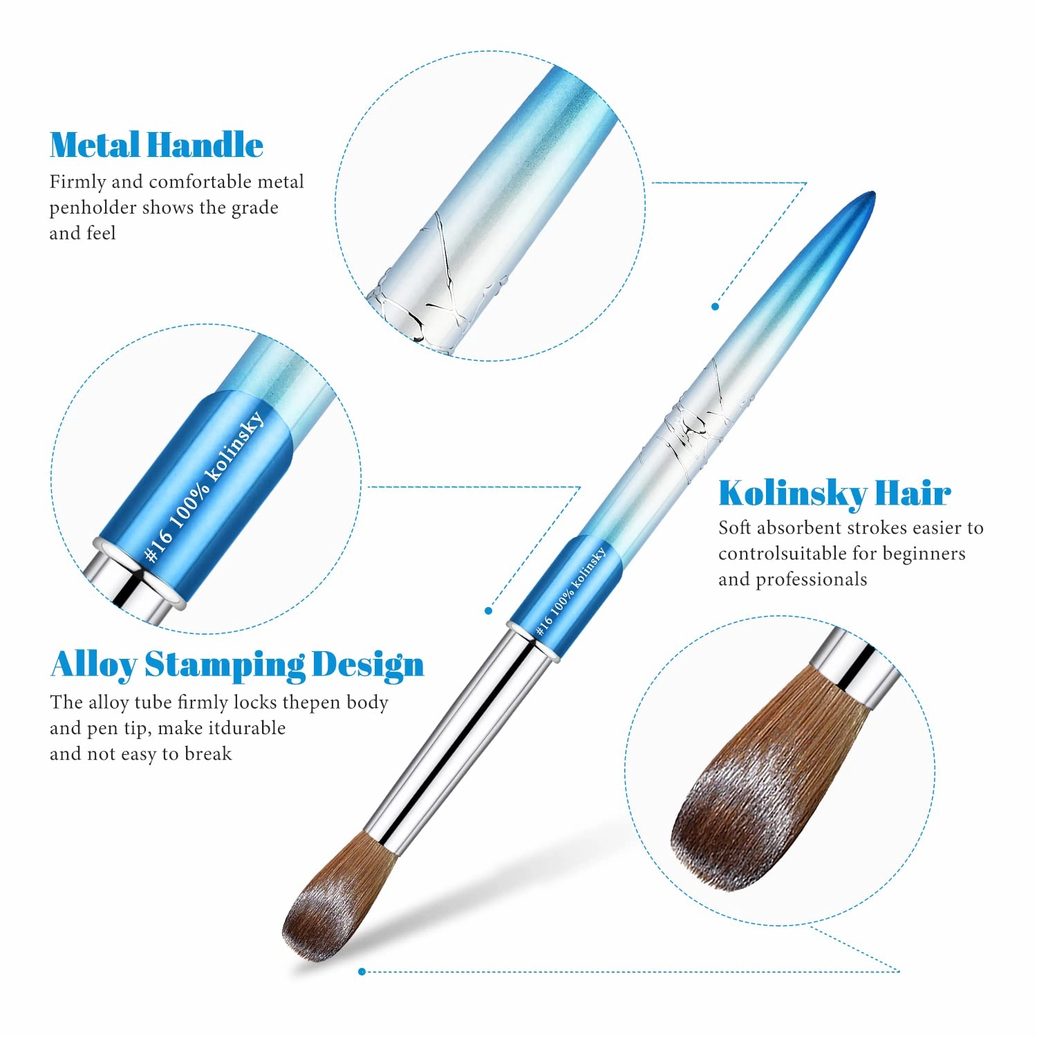 Kolinsky Acrylic Nail Brush Size 12 Round Shaped Oval Blue Metal Handle Nail Brush Nail Art Brush Professional Nails Brush for Nail Tech and Beginner