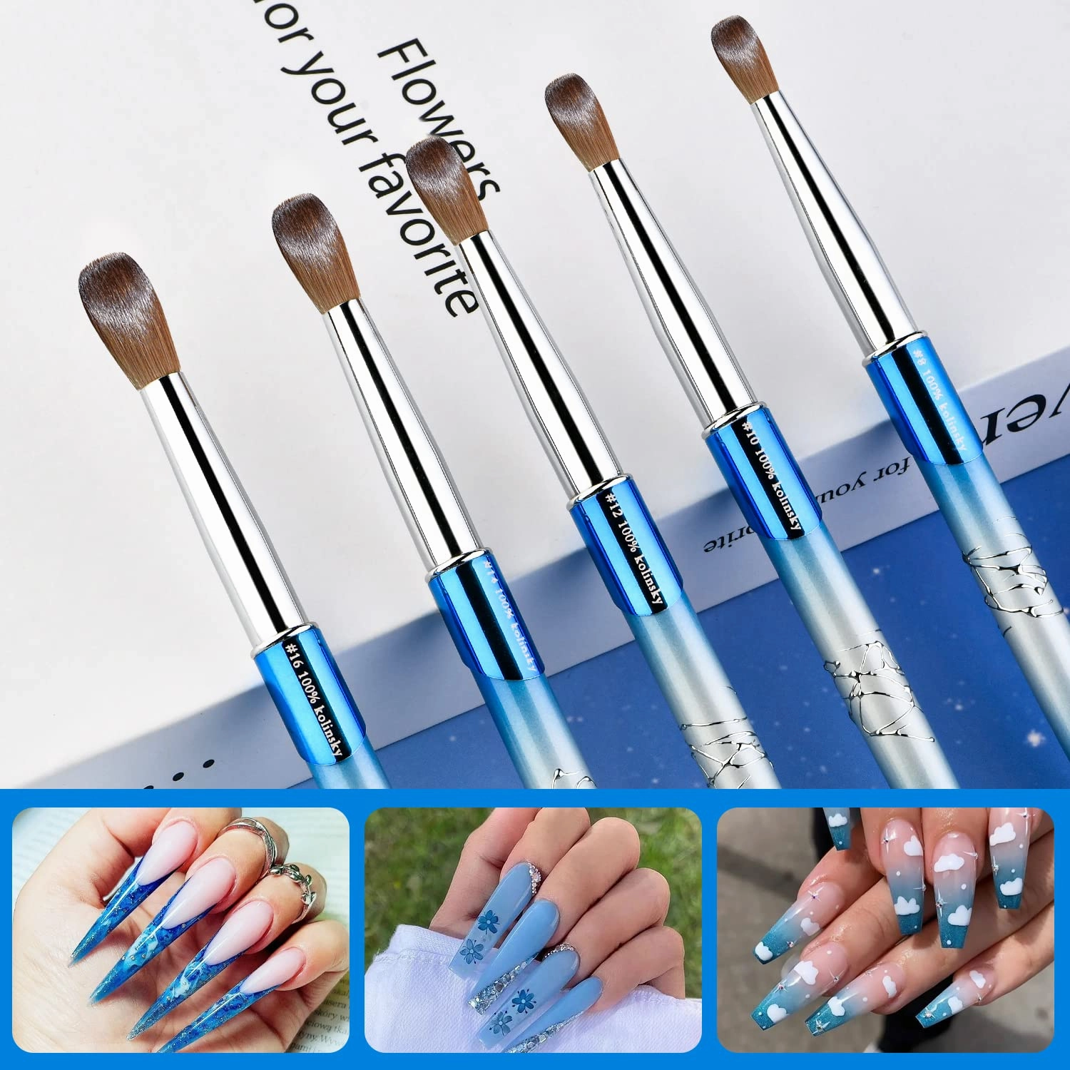 Kolinsky Acrylic Nail Brush Size 12 Round Shaped Oval Blue Metal Handle Nail Brush Nail Art Brush Professional Nails Brush for Nail Tech and Beginner