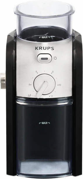 KRUPS Grind Size and Cup Selection and Stainless Steel Flat Burr Coffee Grinder, 8-Ounce, Black and Metal