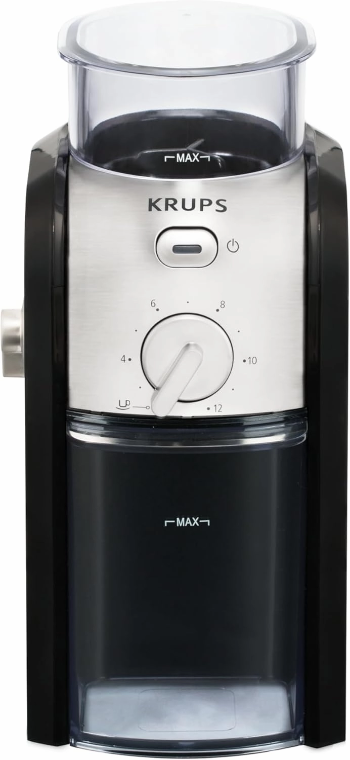 KRUPS Grind Size and Cup Selection and Stainless Steel Flat Burr Coffee Grinder, 8-Ounce, Black and Metal