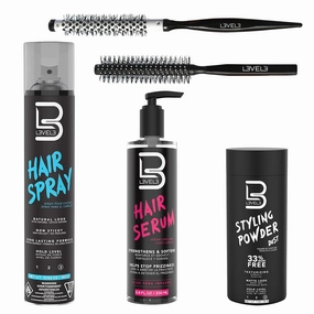 L3 Level 3 Hair Serum, Round Brush Set, Styling Powder & Hair Spray Kit - Repairs your Damaged Hair - Softens and Smoothing - Easy to Apply with No Oil or Greasy Residue - Professional Design