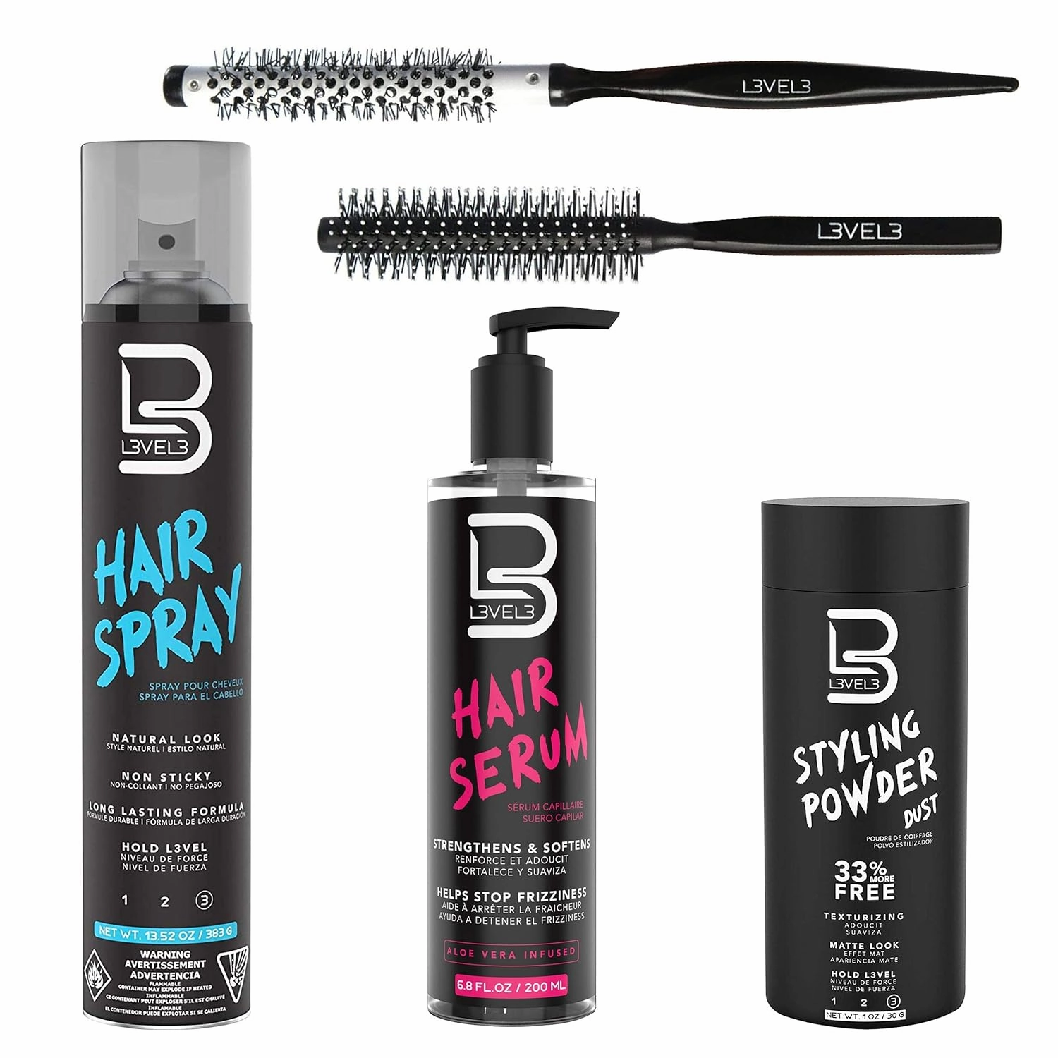L3 Level 3 Hair Serum, Round Brush Set, Styling Powder & Hair Spray Kit - Repairs your Damaged Hair - Softens and Smoothing - Easy to Apply with No Oil or Greasy Residue - Professional Design