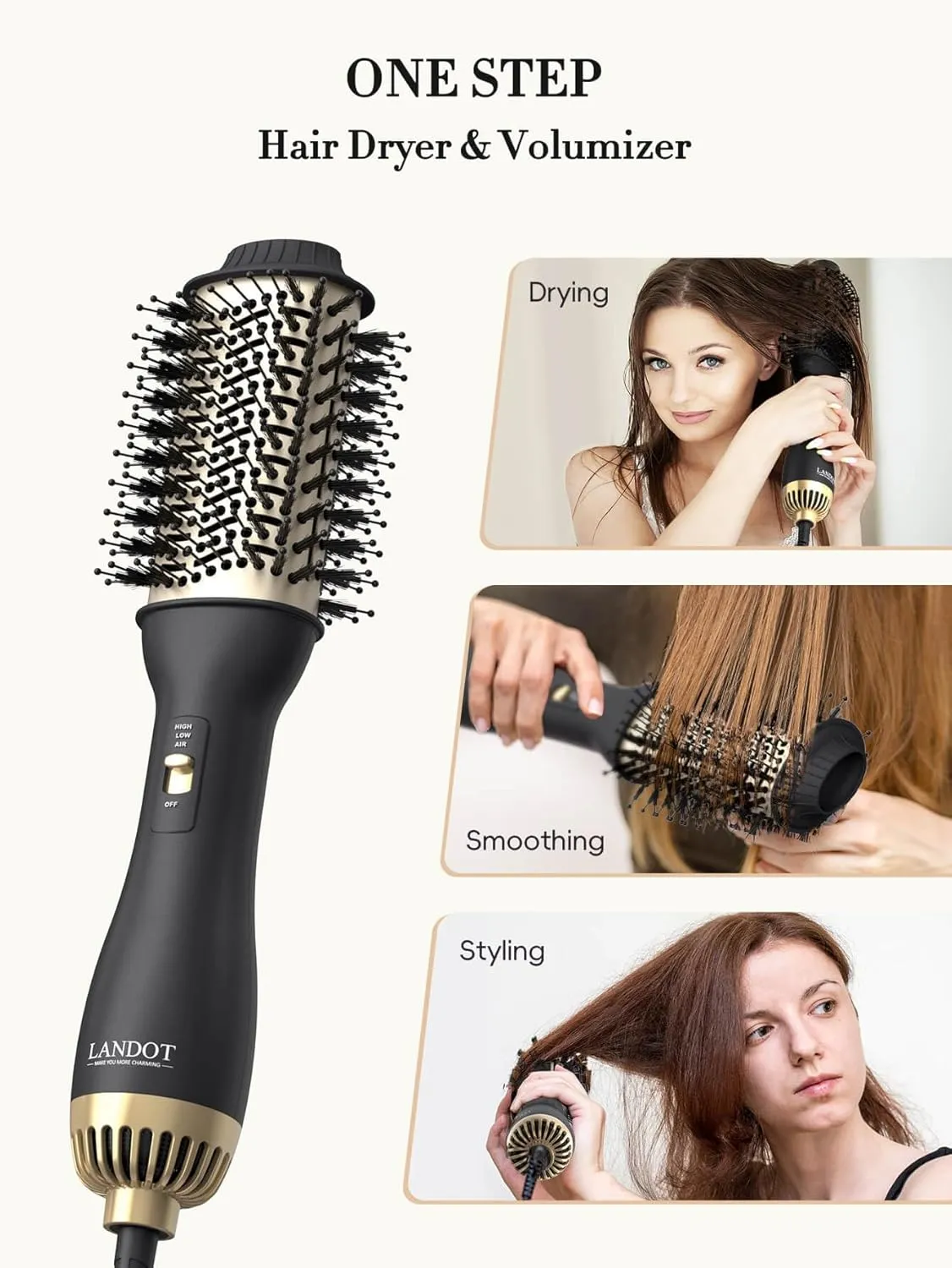 LANDOT Hair Blow Dryer Brush and Volumizer, One-Step Hot Air Brush for Drying, Straightening, Volumizing
