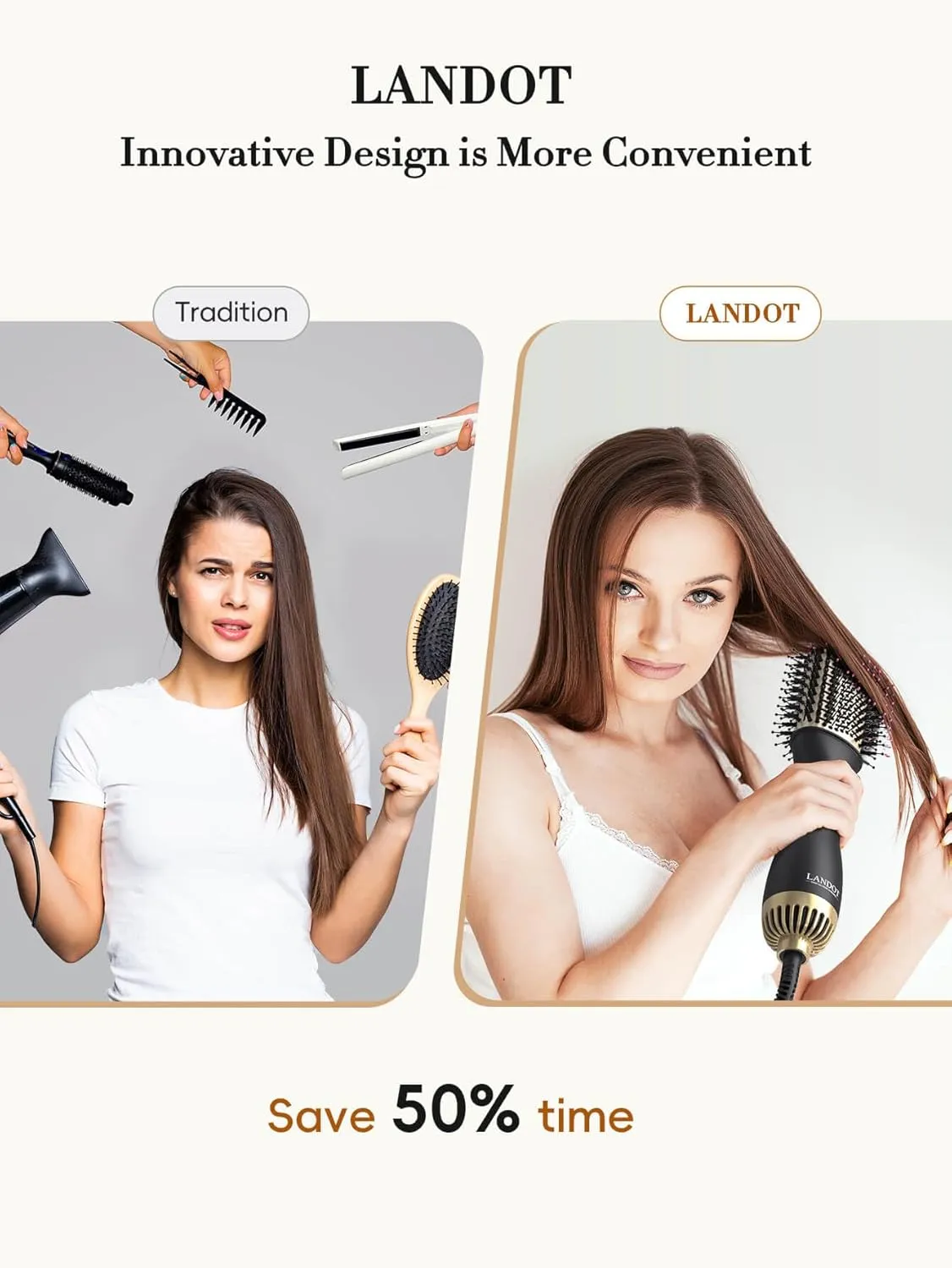 LANDOT Hair Blow Dryer Brush and Volumizer, One-Step Hot Air Brush for Drying, Straightening, Volumizing