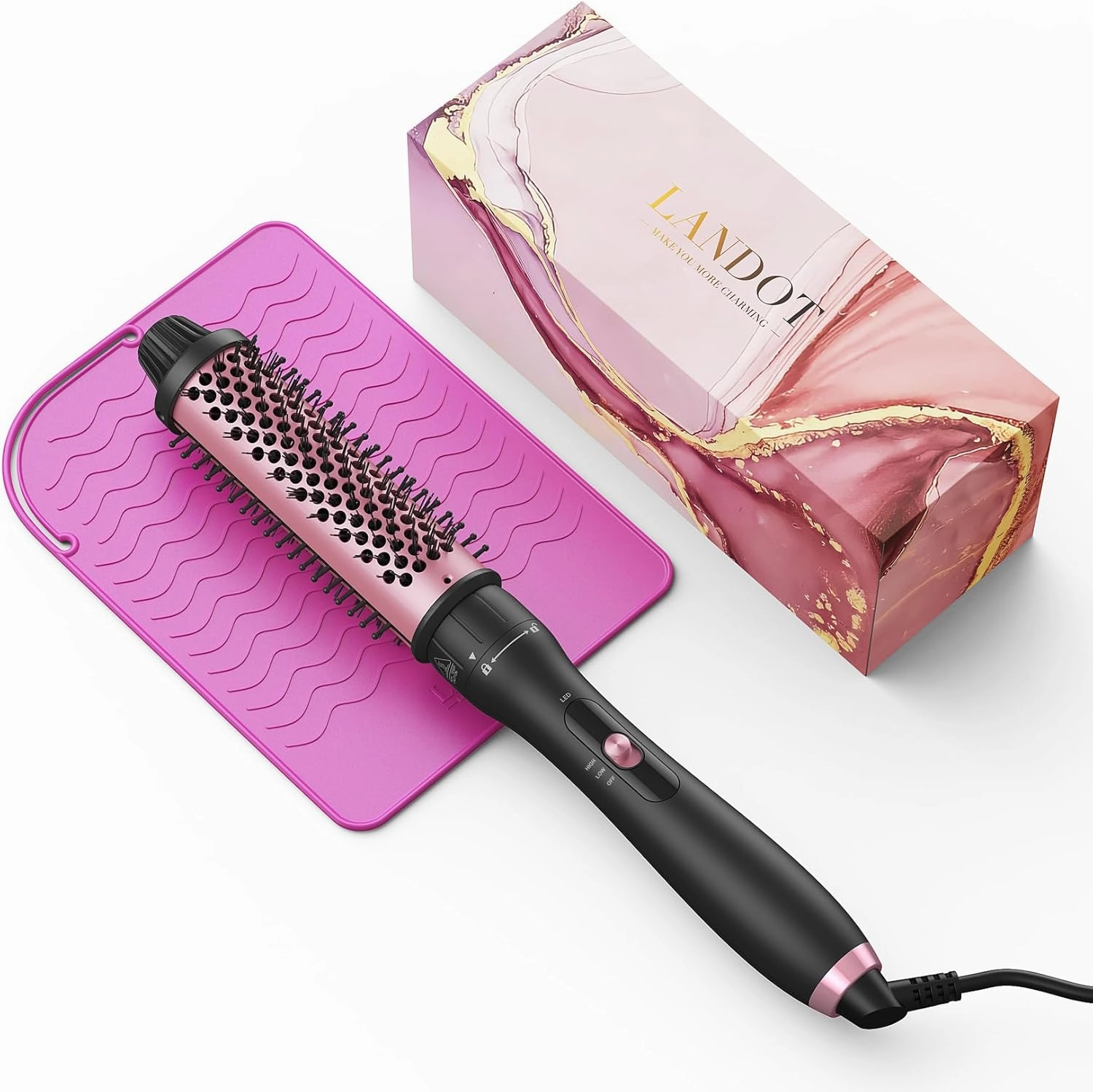 LANDOT Heated Round Thermal Brush: 1-1/2 inch Curling Brush for Blowout Volumizing Look - Dual Voltage Ceramic Curling Iron Wand with Detachable Head Travel-Friendly