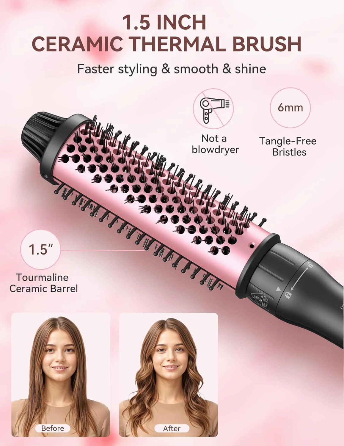 LANDOT Heated Round Thermal Brush: 1-1/2 inch Curling Brush for Blowout Volumizing Look - Dual Voltage Ceramic Curling Iron Wand with Detachable Head Travel-Friendly