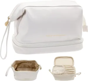 Large Capacity Travel Cosmetic Bag for Women, PU Leather Double Layer Travel Make Up Bag with Brush Organizer, Big Roomy Capacity Skin Care Pouch, Traveling Accessories Gift for Ladies, Beige