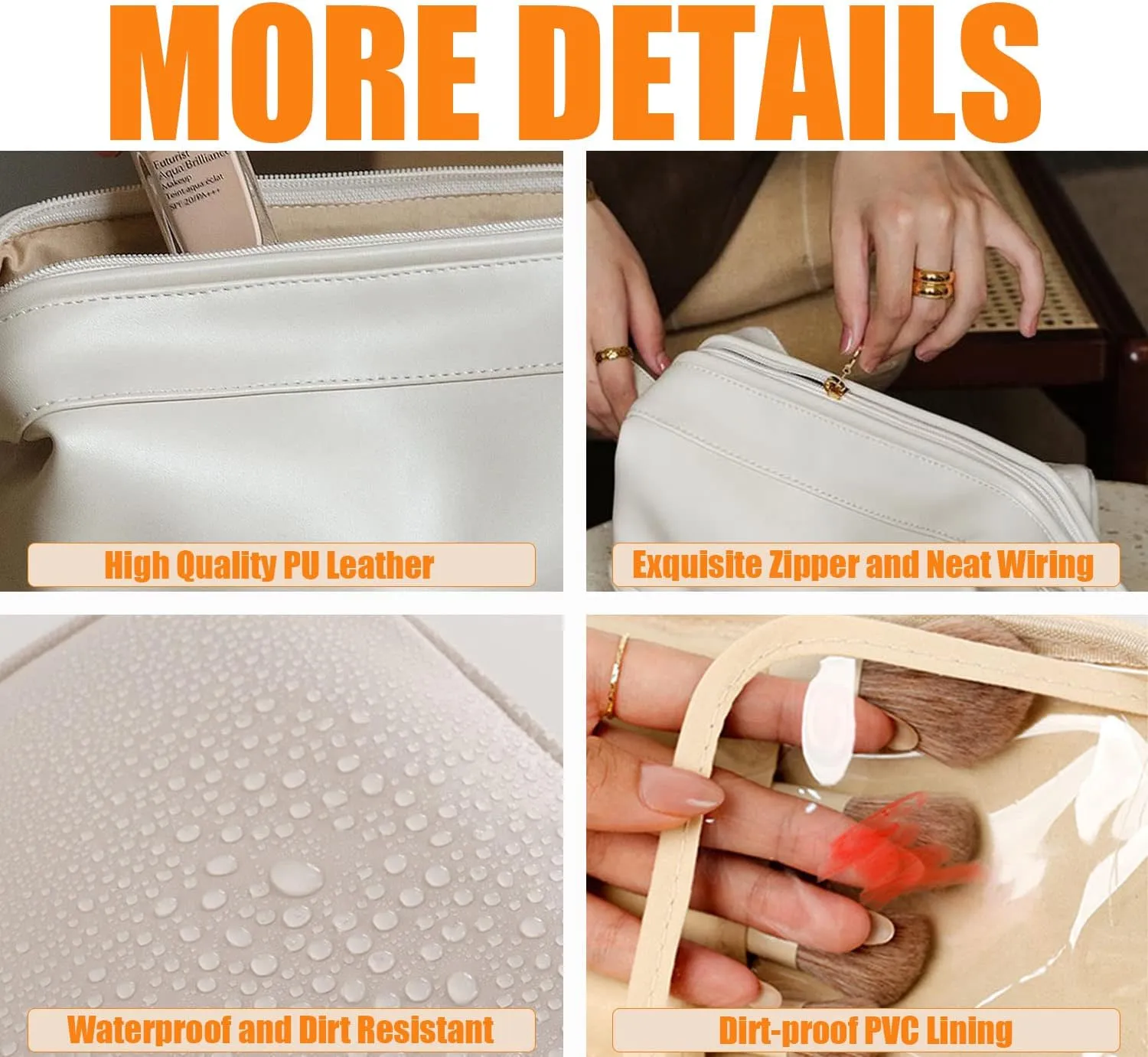 Large Capacity Travel Cosmetic Bag for Women, PU Leather Double Layer Travel Make Up Bag with Brush Organizer, Big Roomy Capacity Skin Care Pouch, Traveling Accessories Gift for Ladies, Beige