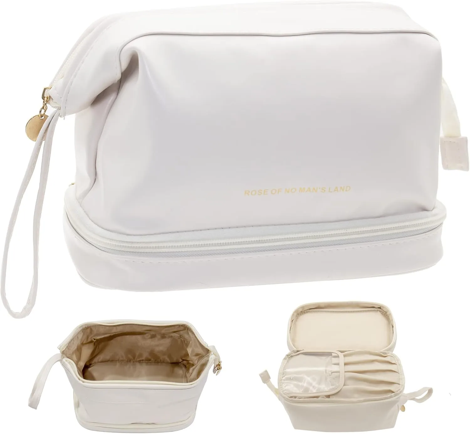 Large Capacity Travel Cosmetic Bag for Women, PU Leather Double Layer Travel Make Up Bag with Brush Organizer, Big Roomy Capacity Skin Care Pouch, Traveling Accessories Gift for Ladies, Beige