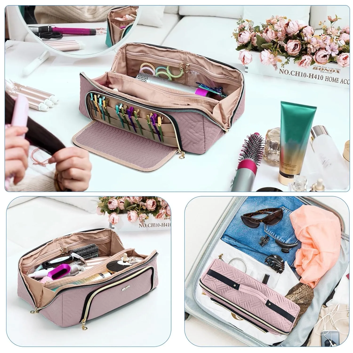 Large Hair Tools Travel Bag with Iron Mat - 2in1 Hair Tools Organizer for Hair Dryer Brush, Flat Irons, Straighteners, Curling Irons, Hair Bag, Makeup Bag, Cosmetic Bag for Travel Essentials