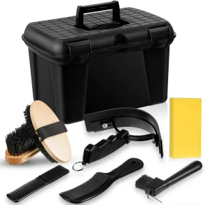 Large Horse Grooming Kit, 8-Piece Brush Set With Box, Equine Care, Tack Room Equipment, Supplies, Black Plastic Tool Box