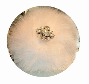 LARGE Down Feather Trimmed White Faux Fur Bath Dusting Powder Puff with a Pearl and Rhinestone Embellished Handle