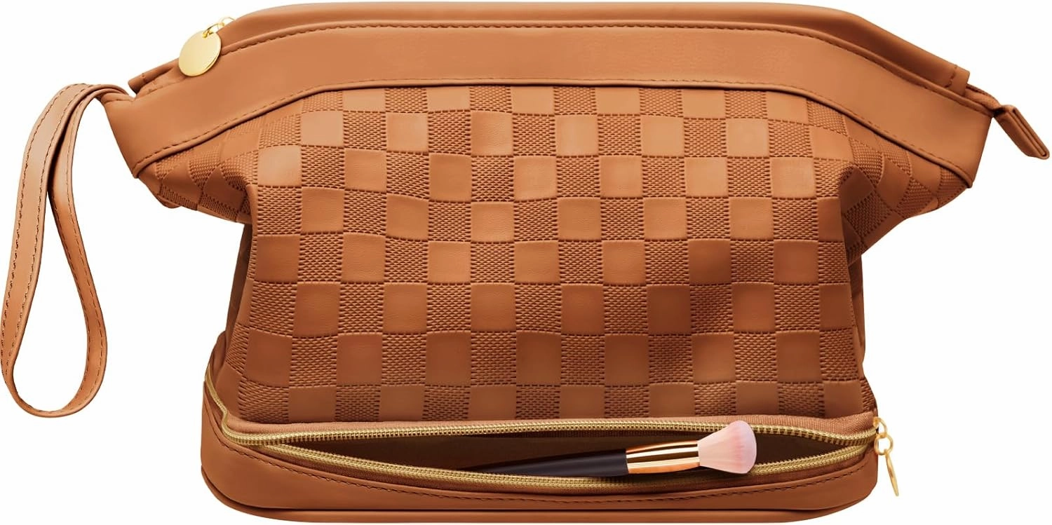 Large Makeup Bag, Double Layer Makeup Bag Organizer, Toiletry Bag For Women, Cosmetic Travel Bag, Leather Makeup Bag, Portable Toiletry Bag, Waterproof Roomy Bag For Women And Girls, Brown
