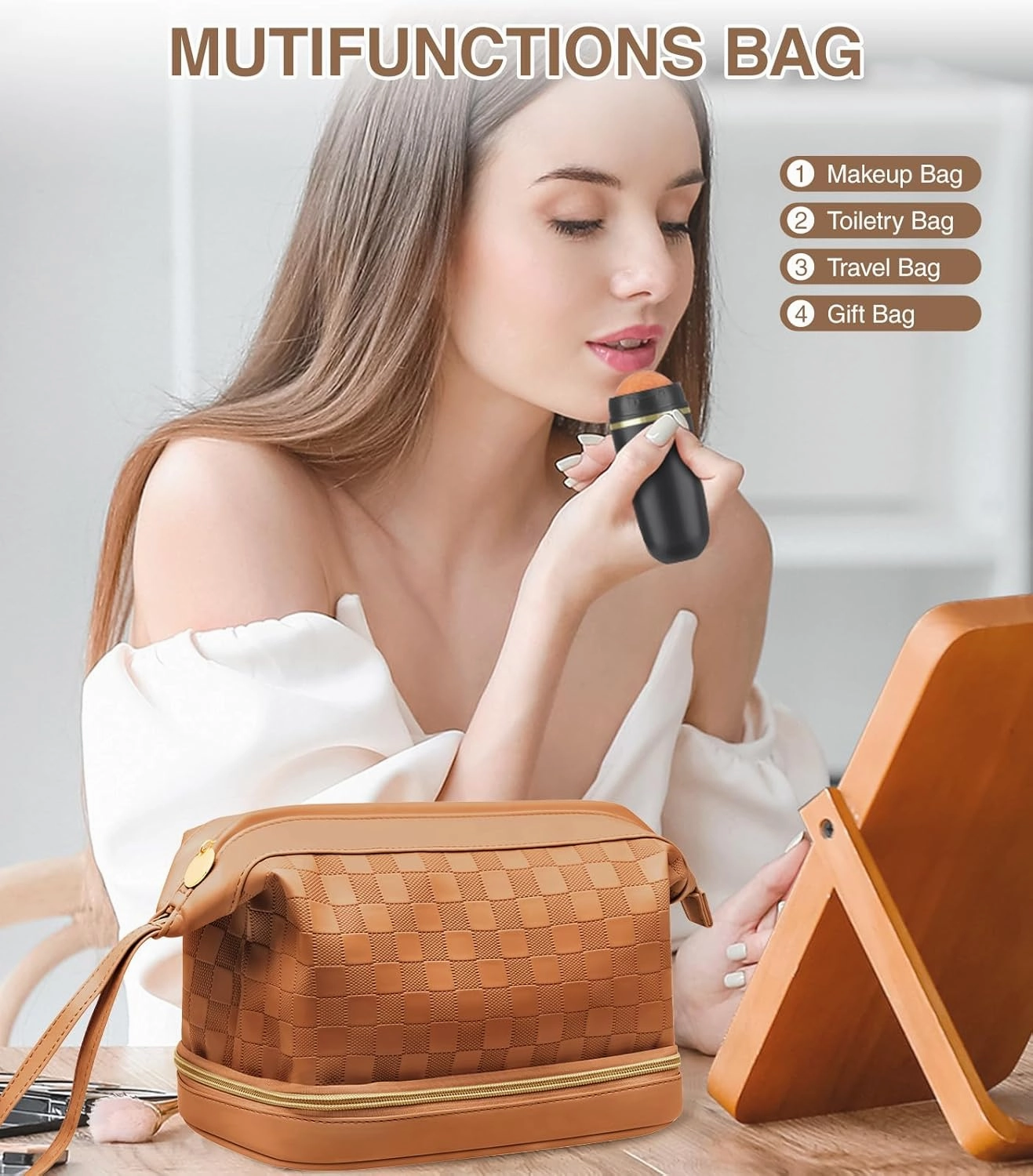 Large Makeup Bag, Double Layer Makeup Bag Organizer, Toiletry Bag For Women, Cosmetic Travel Bag, Leather Makeup Bag, Portable Toiletry Bag, Waterproof Roomy Bag For Women And Girls, Brown