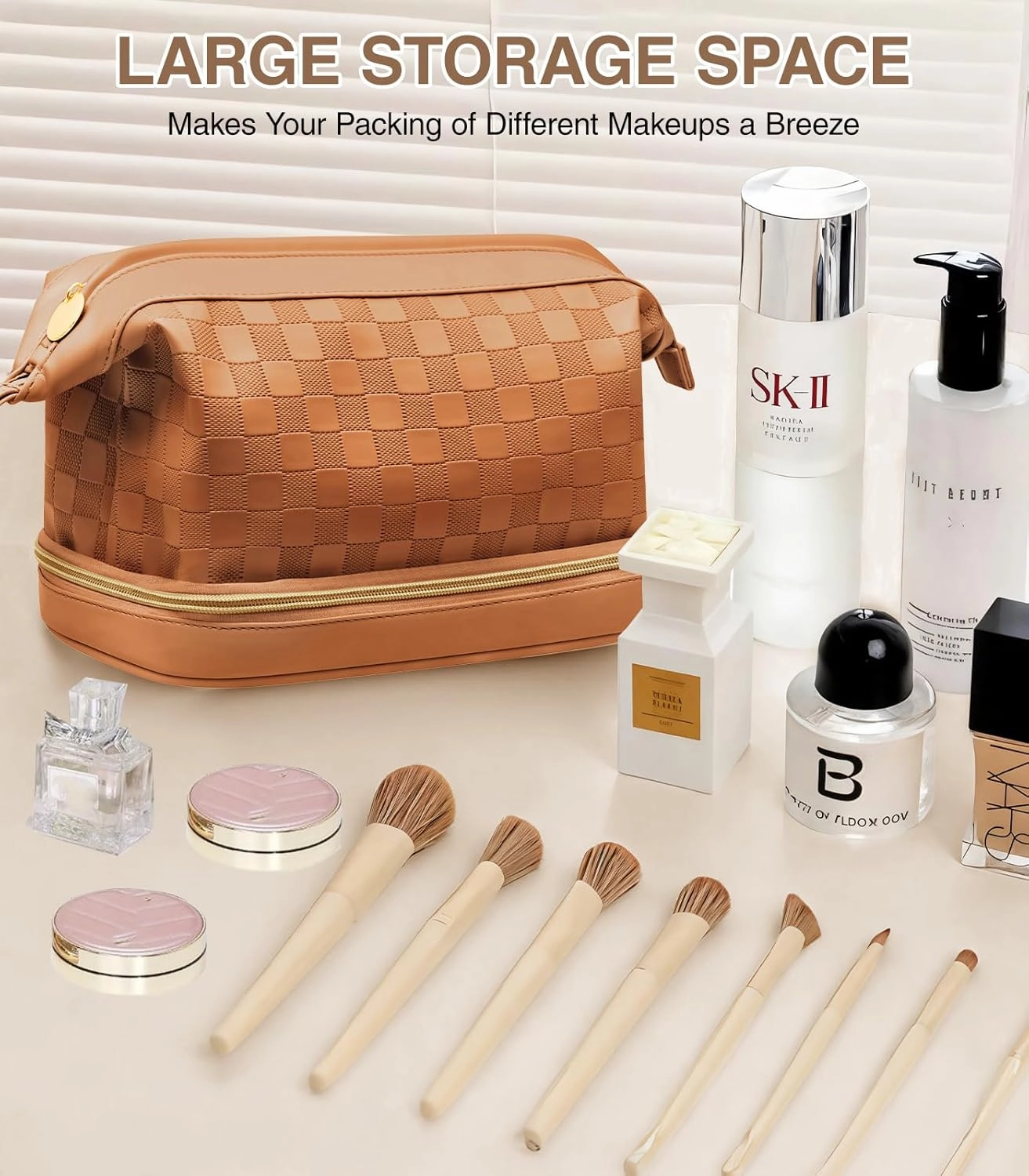 Large Makeup Bag, Double Layer Makeup Bag Organizer, Toiletry Bag For Women, Cosmetic Travel Bag, Leather Makeup Bag, Portable Toiletry Bag, Waterproof Roomy Bag For Women And Girls, Brown