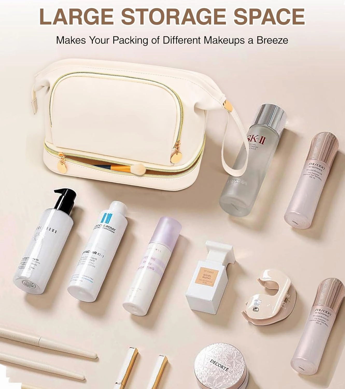 Large Makeup Bag, Double Layer Makeup Bag Organizer, Toiletry Bag For Women, Cosmetic Travel Bag, Leather Makeup Bag, Portable Toiletry Bag, Waterproof Roomy Bag For Women And Girls, Q-Beige
