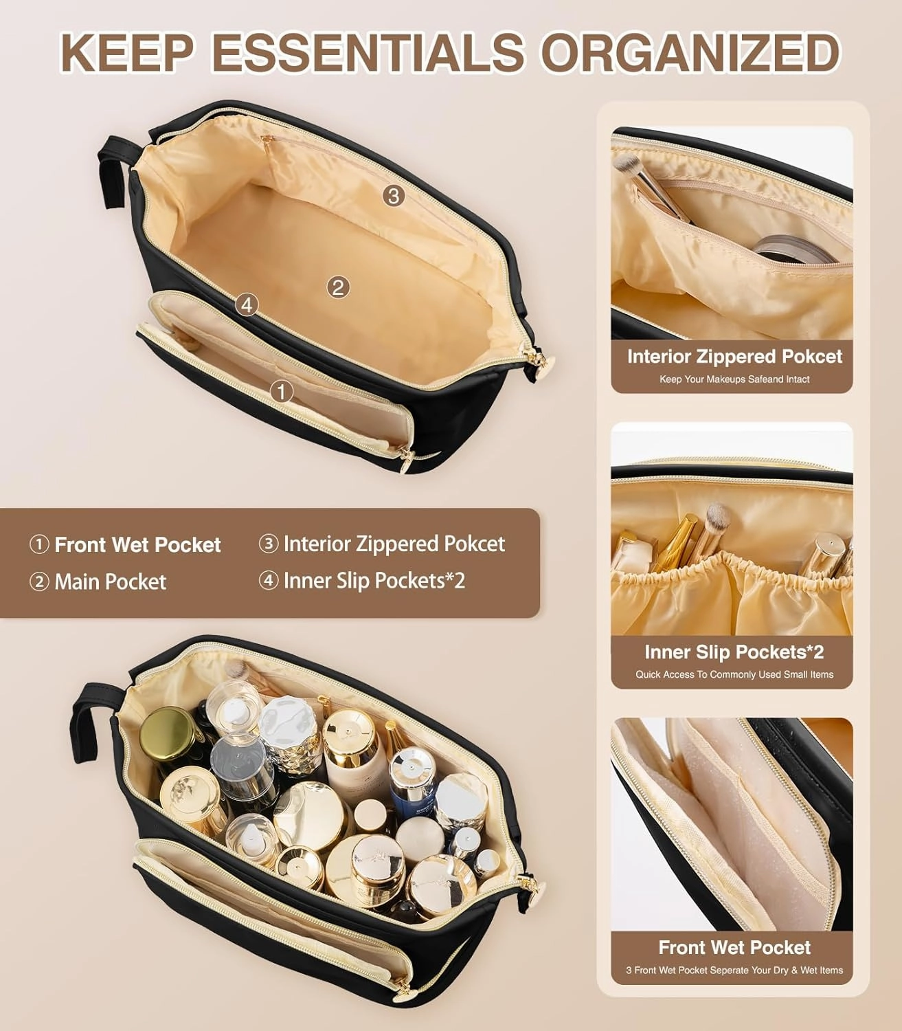 Large Makeup Bag, Double Layer Makeup Bag Organizer, Toiletry Bag For Women, Cosmetic Travel Bag, Leather Makeup Bag, Portable Toiletry Bag, Waterproof Roomy Bag For Women And Girls, Q-Black